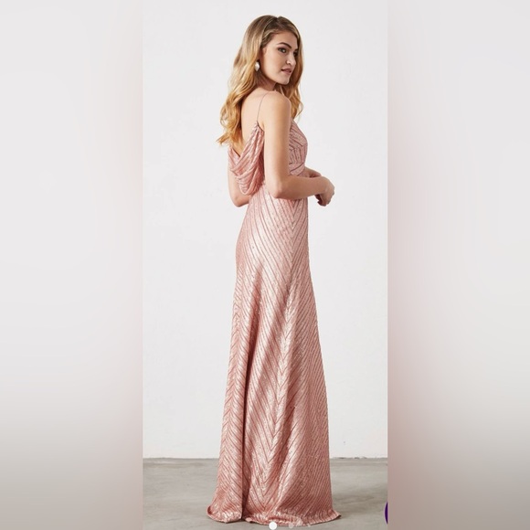 Weddington Way Florence Sequined V Neckline Cowl Drape Back Rose Gold Maxi Gown - Picture 1 of 14